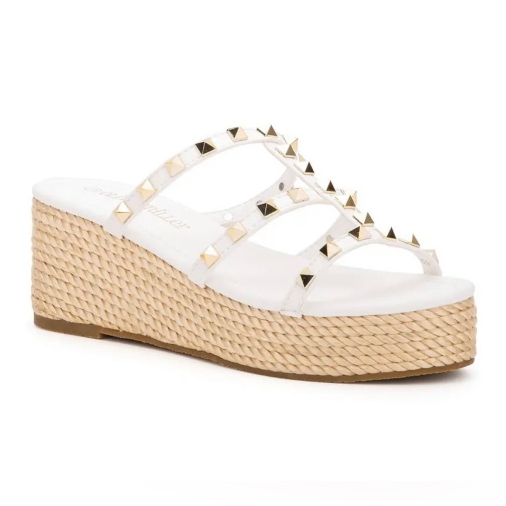 Olivia Miller Womens Gold Sands Studded Wedge Slide Sandals